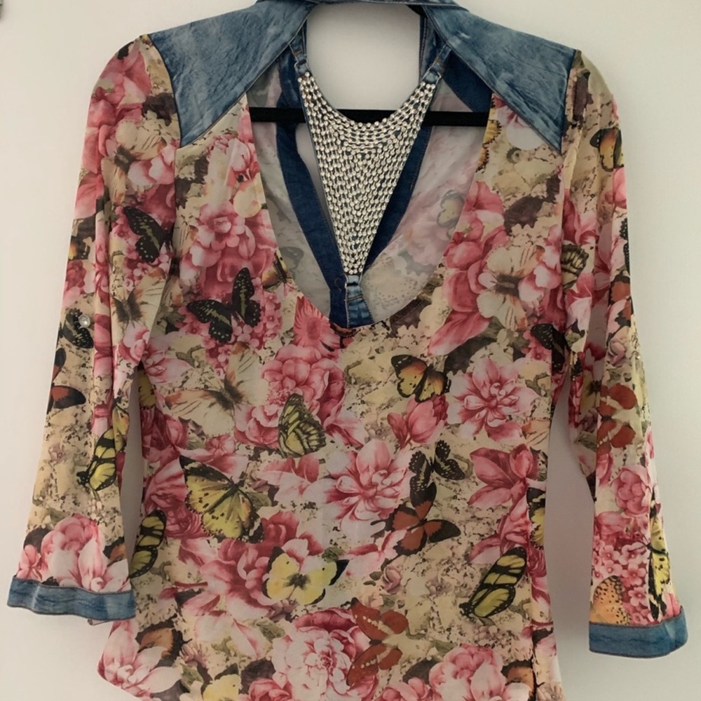 Pastels Butterly Floral Denim Trim Rhinstone Blouse Large Front Button Down - Picture 6 of 11